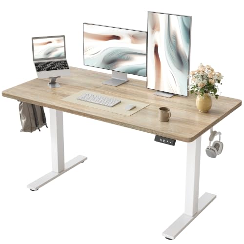 TIQLAB Electric Height Adjustable Standing Desk 47.2×23.6 inch, Sit Stand Desk for Work, Study, Memory Controller, White Frame & Maple Top Computer Workstation for Home Office