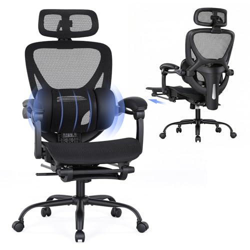 MALOL Ergonomic Mesh Office Chair with Footrest, Executive High Back Computer Desk Chair with 3D Adjustable Headrest & 5-Level Lumbar Support, Reclining Tilt Lock, 3D Arms, 300LBS Capacity, Black