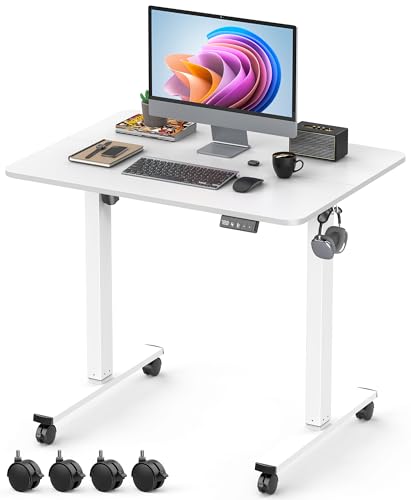 Xyndyx 32" Small Electric Rolling Standing Desk Adjustable Height, Mobile Sit Stand up Desk with Lockable Casters for Home Office & Computer Workstation, Splice Board, 2 Hooks, White Frame/White Top