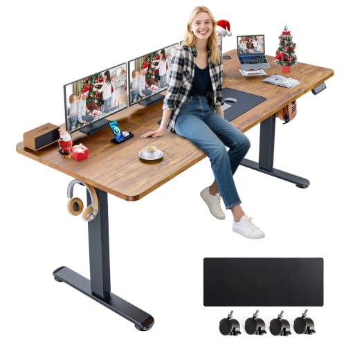 farexon Electric Standing Desk Adjustable Height, 71 x 28 Inch Sit Stand up Desk with Large Mouse Pad, Double Metal Hook,4 Wheels,4 Memory Preset Heights Home Office Computer Desk（Brown）