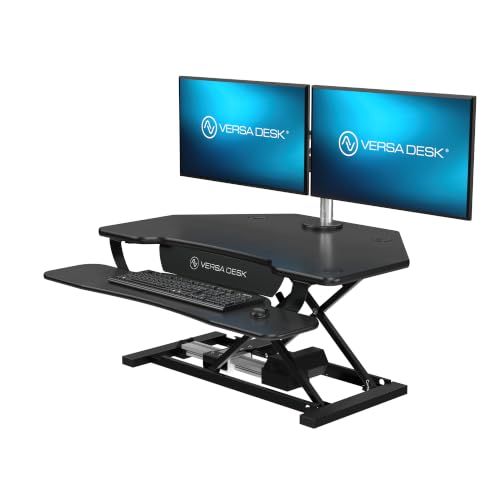 VERSADESK PowerPro 36" Corner Standing Desk Converter, 36 Inch Motorized Height-Adjustable Standup Desk Riser Sit to Stand Desktop with Keyboard and Mouse Tray + USB Charging Port, Black