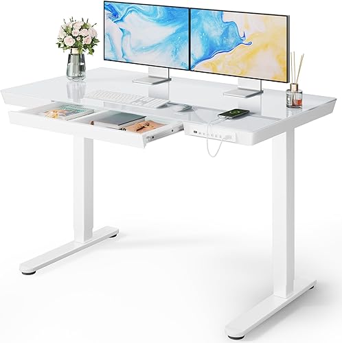 Marsail Glass Standing Desk with Drawer, 48 x 24 inch Electric Standin — Real-world performance testing in action