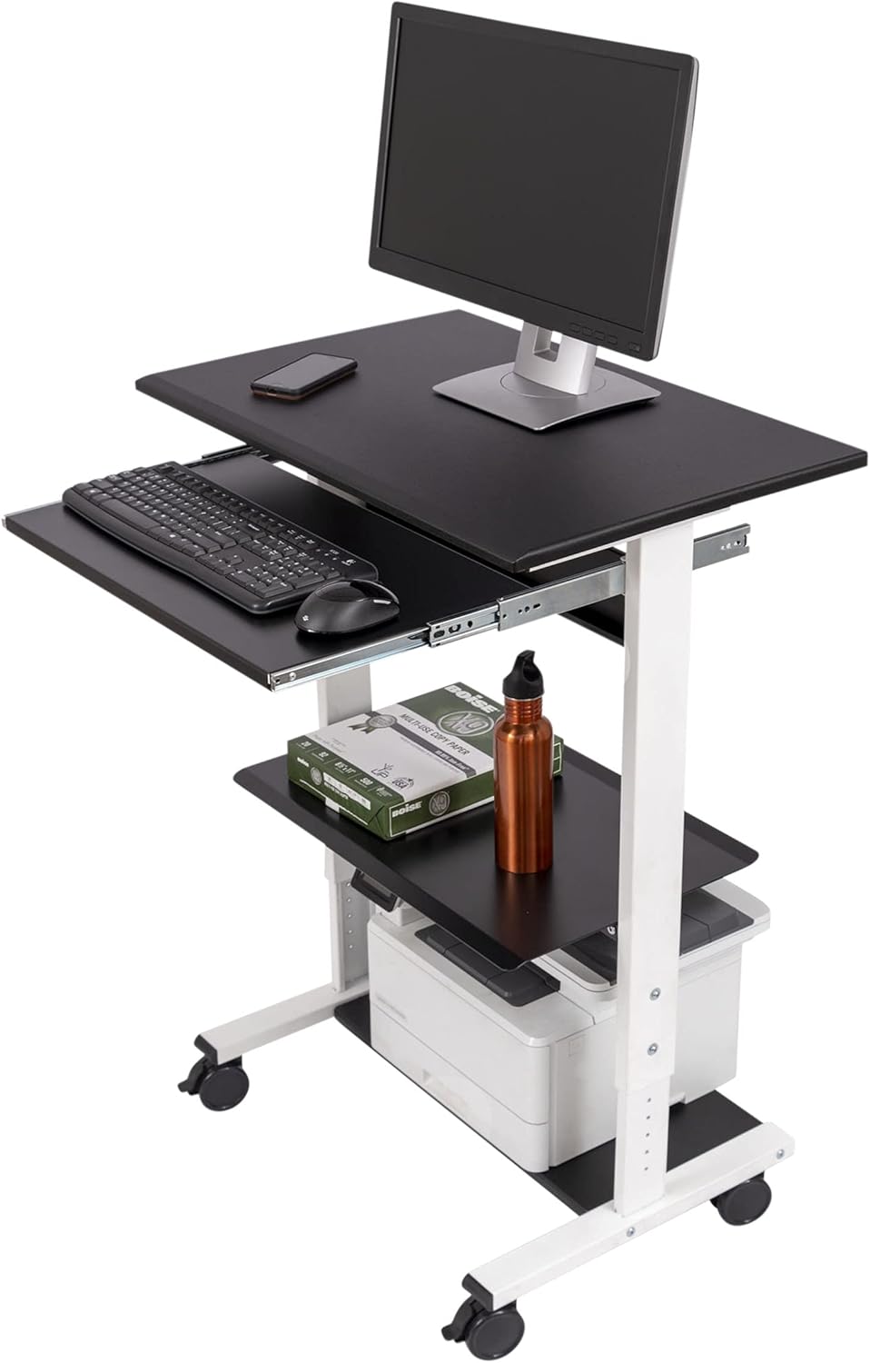 Stand Up Desk Store Mobile Rolling Adjustable Height Standing Workstation with Printer Shelf and Slideout Keyboard Tray (W...