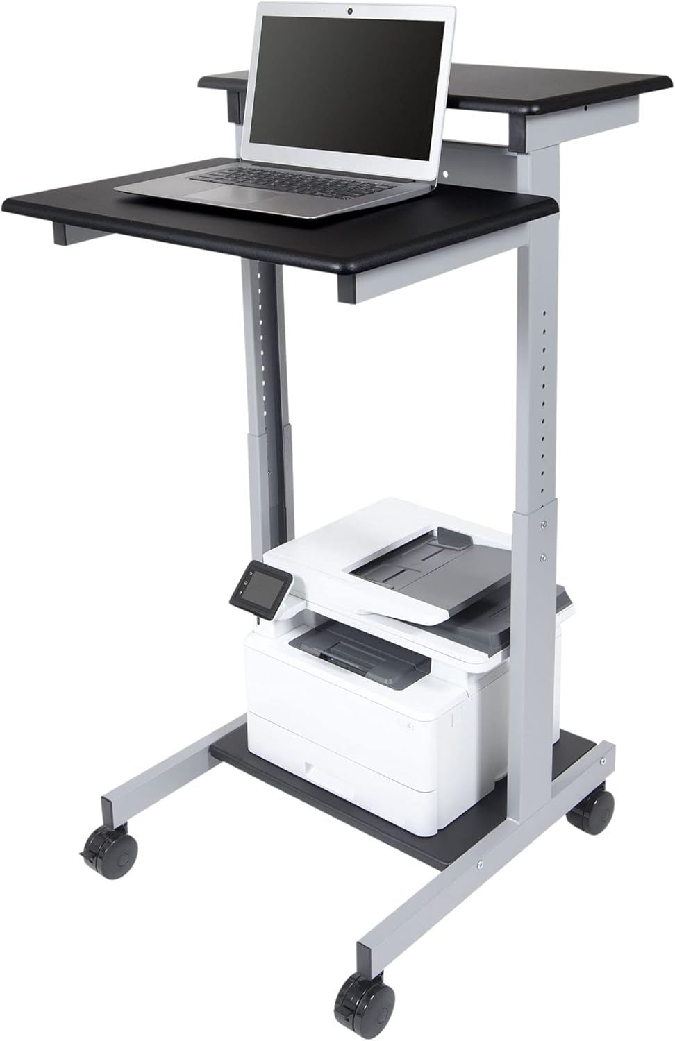 Stand Up Desk Store Rolling Adjustable Height Two Tier Standing Desk Computer Workstation (Silver Frame/Black Top, 24